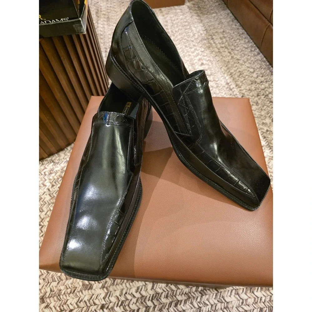 Stacy Adams Leather Loafers Black Dress Shoes Croc Embossed Square Toes Size 13M